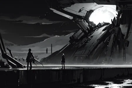 highly insanely detailed, masterpiece, top quality, best quality, highres, 4k, 8k, RAW photo, (very aesthetic, beautiful and aesthetic),
tsutomu nihei,nihei_tsutomu,blame!,blame gakuen!,abara,TNstyle,sidonia_no_kishi,dome,tentacles,machinery,bones,air conditioner,gauna,gauna mech,light particles,dark sky,black sky,buildings,clouds,
<lora:blameLora_v10:0.8>,
(1girl:1.3),
solo focus,
(in river),splash,splashing,(moonlight background,low horizon),backlighting,âââ