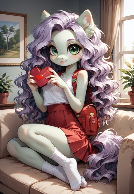safe_pos, masterpiece, score_9_up, score_8_up, score_7_up, score_6_up, source_pony, (best quality:1.1), ultra-detailed, high resolution, solo, highly detailed macro illustration, (good_hands) BREAK 1girl, anthro pony, female, Pegasus wings, (beautiful green eyes:1.7), (big eyes), (long eyelashes), (light purple wavy hair:1.4), (light green fur:1.2), fluffy ears, small breasts, narrow waist, slim, (pink lower lip:1.4), cute expression BREAK sitting on the couch, (holding big red heart:1.5), looking at viewer BREAK mikus-concept, full body, cute, chibi BREAK white crop top, red skirt, white socks, backpack on the shoulder BREAK indoors, living room, Valentine's Day, plants, window, windowsill, view of natural landscape, spring BREAK Highly Visible, sharp focus, perfect lighting, anatomically correct, extremely detailed, high detail, Expressiveh, OverallDetail, zPDXL3