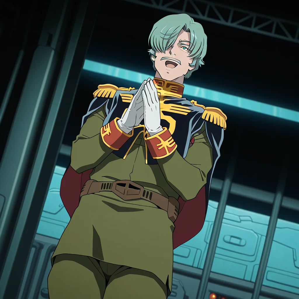 <lora:IL_GQ_Shallia_Bull:1>,GQ_bull,1boy,solo,0079_Shallia,hair over one eye,mustache,green hair,green eyes,0079_zeon_uni,zeon,white gloves,belt,boots,cape,epaulettes,sci-fi,hangar,from below,dutch angle,clapping,upper body,open smile,, masterpiece,best quality,amazing quality,uncensored