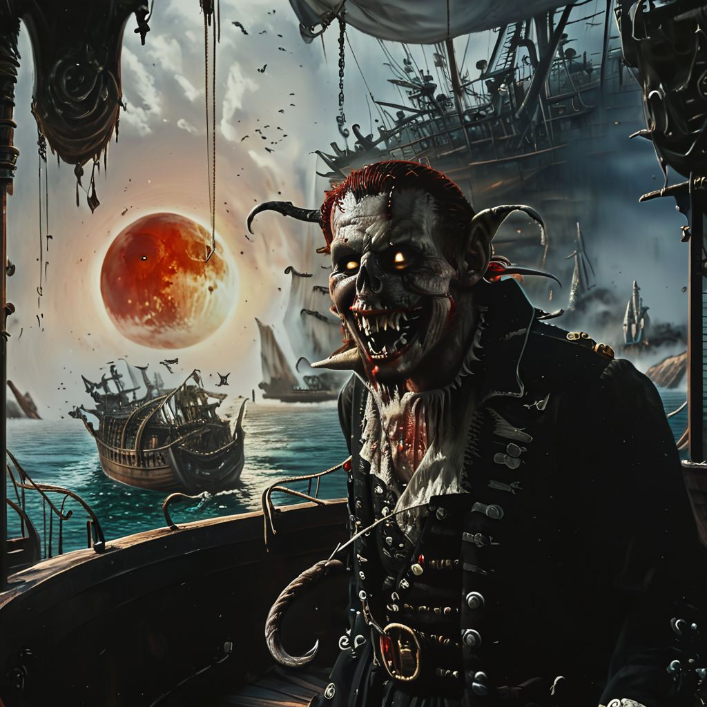 ghost pirate captain with a hook for a hand, looking over the bow of a pirate ship, looking at the ocean, wide grin, menacing expression, masterpiece, high res, 8k, intricate detail on pirate ship, grim, dark, evil, scary, horror, gritty, sharp teeth, evil eyes, night sky, red sun, grimace, blood everywhere, entrails, gore
