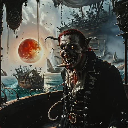 ghost pirate captain with a hook for a hand, looking over the bow of a pirate ship, looking at the ocean, wide grin, menacing expression, masterpiece, high res, 8k, intricate detail on pirate ship, grim, dark, evil, scary, horror, gritty, sharp teeth, evil eyes, night sky, red sun, grimace, blood everywhere, entrails, gore