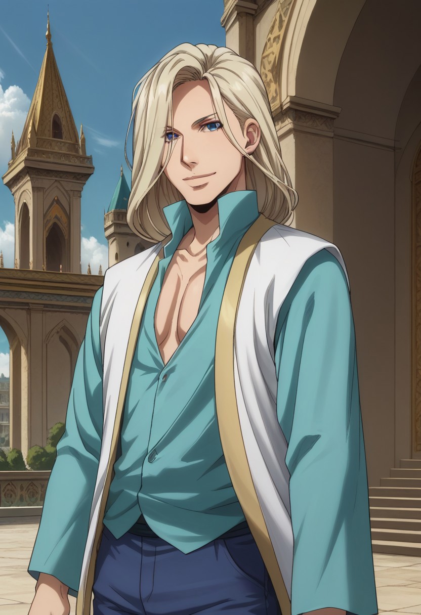 score_9, score_8_up, score_7_up, source_anime, highly detailed, 
narsus, 1boy, male focus, solo, long hair, upper body, blonde hair, looking at viewer, standing, pants,
shirt, blue shirt, vest, long vest, long sleeves, high collar, smile, closed mouth
indoor, palace, persia, persian,