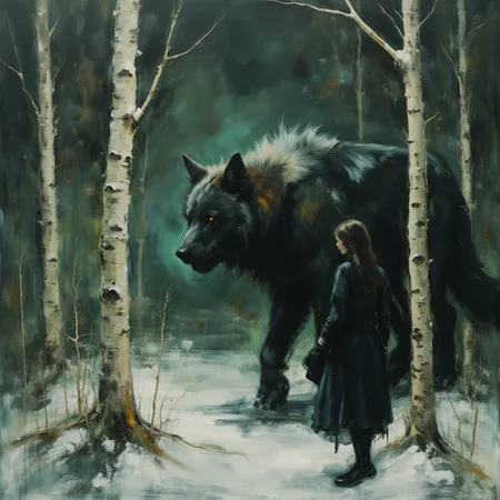 Primitive realistic photo of intricate illuminated vampire and werewolf walking in a birch forest in winter, (black-tinted:0.5), very detailed, ethereal white and chartreuse and white palette. The scene is both serene and ominous. <lora:white1:0.5> <lora:AmeshinART_Dream:0.5> <lora:Midjourney_Whisper_AgateX_v1:0.6> <lora:Eldritch_Paint_Sketch_for_Flux_1.0.5:0.8>