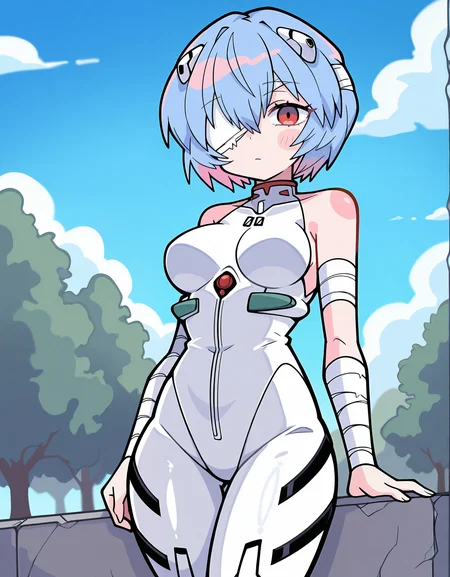 masterpiece, best quality, newest, highres, absurdres, <lora:terad4_style:1>, terad4_illu, 1girl, solo,ayanami rei, blue hair, breasts, bandages, white bodysuit, plugsuit, closed mouth, bandage over one eye, multicolored hair, bodysuit, medium breasts, bangs, short hair, looking at viewer, bare shoulders, pink hair, hair between eyes, bandaged arm,sky,tree,depth of field,