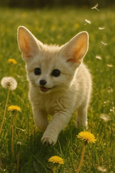 A fluffy, cute tiny fennec fox waddles playfully through a sunlit meadow dotted with vibrant dandelions, its large, big beautiful eyes glistening with curiosity. The soft, white fur radiates a golden warmth, while its oversized ears flap lightly with each enthusiastic step. As gentle breezes carry wisps of dandelion seeds into the air, the scene encapsulates a whimsical, carefree moment in nature’s embrace, emphasizing the fennec's joyful exploration. masterpiece raw analog candid photography 
