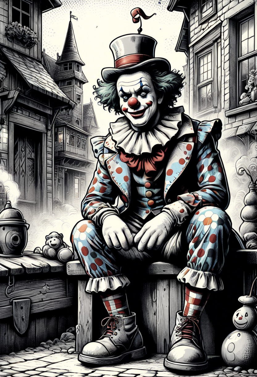 A sitting clown, in a mystic town setting, comic, (monochrome:0.5), mobe-90c0m, <lora:RetFutCom-V1:0.85>,