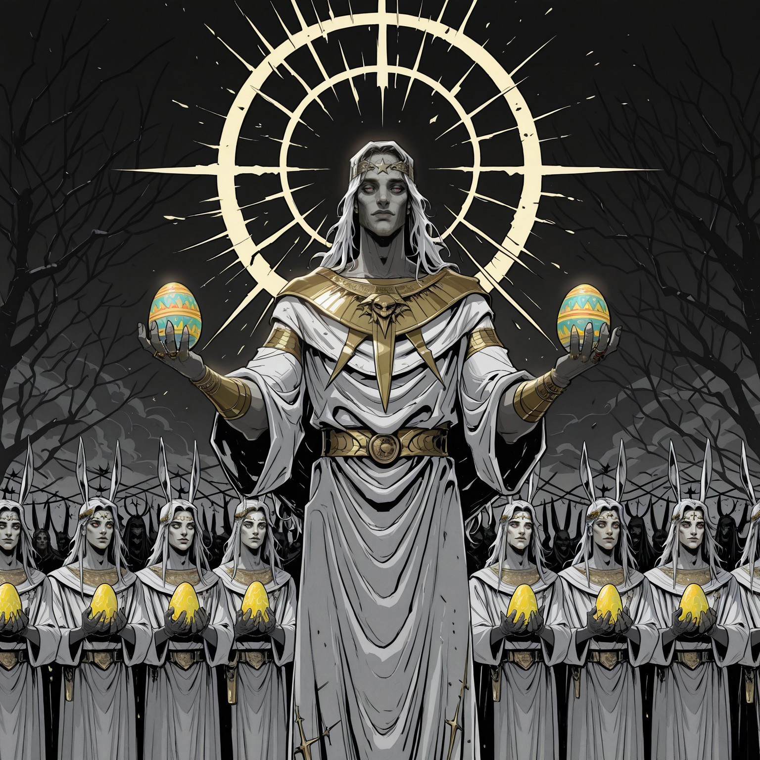 ((medium long shot)), HadesCharacterArtstyle-IL-V1.0, Sinozick_illu, gradient, spot color, devilhs,
/, (((((Jesus, jesus))))) holding a rabbit and some easter eggs,
/, ambiant light, god in the background,