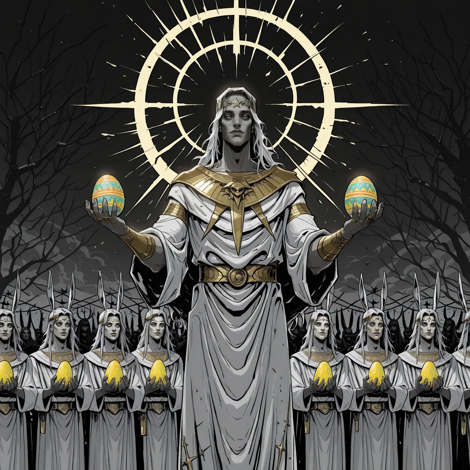 ((medium long shot)), HadesCharacterArtstyle-IL-V1.0, Sinozick_illu, gradient, spot color, devilhs,
/, (((((Jesus, jesus))))) holding a rabbit and some easter eggs,
/, ambiant light, god in the background,