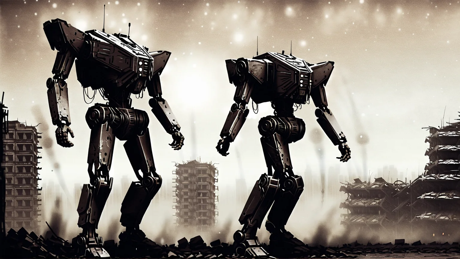A colossal robot standing amidst a war-torn city <lora:bBackground:1.3>