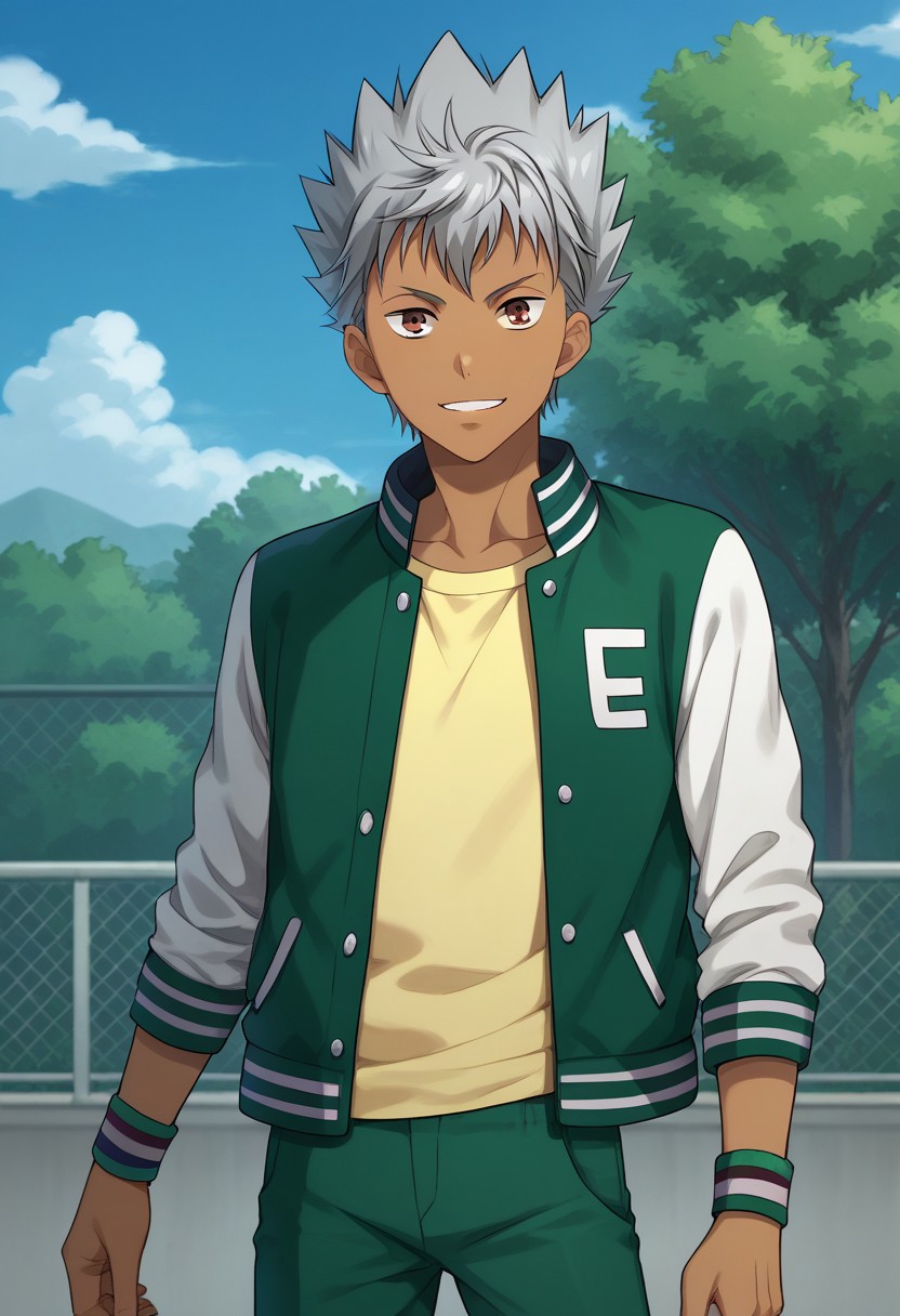 score_9, score_8_up, score_7_up, source_anime, highly detailed, 
kazuki, 1boy, male focus, solo, grey hair, spiked hair, brown eyes, dark skin, dark-skinned male, jacket, letterman jacket, open jacket, open clothes, shirt, yellow shirt, pants, green pants, smile, happy,
outdoor, sky, tree