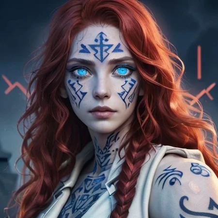 bright red hair, human female, (feminine:1.7), (beautiful face, detailed face:1.6), (beautiful eyes, detailed eyes:1.7), (looking at viewer, eye contact, intense:1.6), (long hair, red hair, curly hair:1.3), , ((masterpiece, best quality, high resolution, realistic, best quality,)), photo realistic, Perfect Face, (detailed face). <lora:GoodHands-vanilla:0.6> <lora:add-detail-xl:0.8>, mage, (Dress White military uniform coat), dagger, rune dagger, glowing runes, , (((glowing magic symbols tattoos, religious tattoos))), ((face tattoos)), glowing tattoos, stone tower in the background
