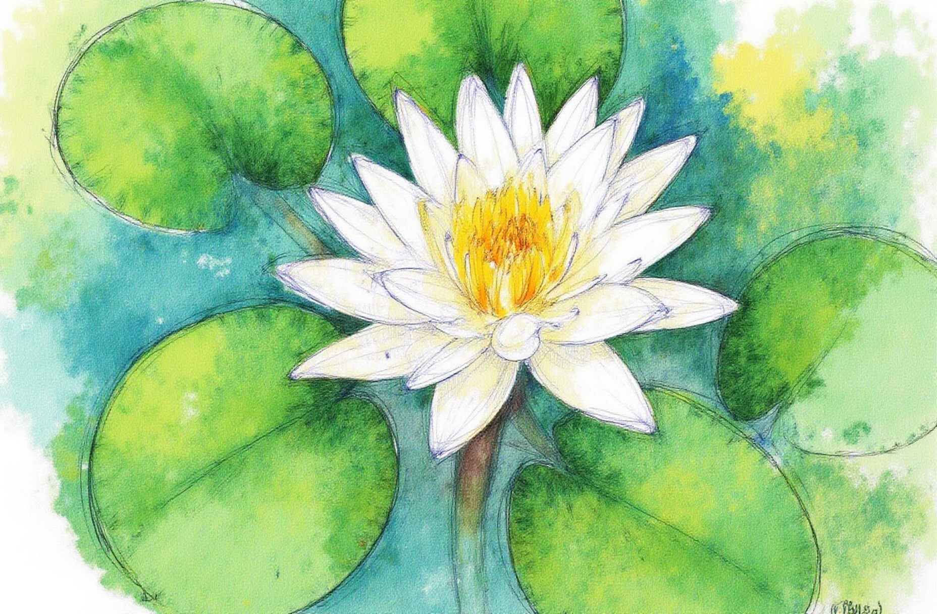 Sharp image of a rough sketch, rendered in vibrant multi colour ballpoint pen, capturing the adorable features of a close-up of a white water lily with a yellow center. The flower is in the center of the image, surrounded by green lily pads. The petals of the flower are delicate and have a soft, velvety texture. The yellow center is a bright contrast to the white petals, making it stand out against the green leaves. The leaves are arranged in a circular pattern around the flower, creating a sense of depth and texture.  p3nsk, <lora:p3nsk:1>