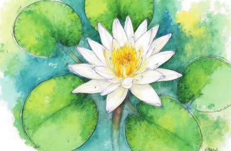 Sharp image of a rough sketch, rendered in vibrant multi colour ballpoint pen, capturing the adorable features of a close-up of a white water lily with a yellow center. The flower is in the center of the image, surrounded by green lily pads. The petals of the flower are delicate and have a soft, velvety texture. The yellow center is a bright contrast to the white petals, making it stand out against the green leaves. The leaves are arranged in a circular pattern around the flower, creating a sense of depth and texture.  p3nsk, <lora:p3nsk:1>