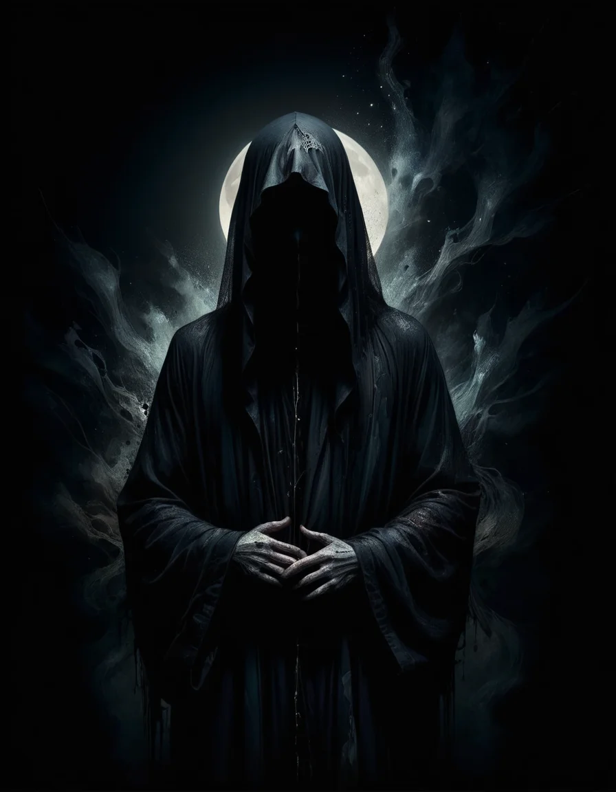 Man in black robe standing in darkness, album cover, by Balázs Diószegi, tumblr, horror gothic art, veil, moonless night, darkness, dark and muted colors, caretaker, faceless, dark background <lora:ral-dstgrtptrn-sdxl:1> made out of ral-dstgrtptrn