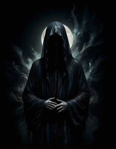 Man in black robe standing in darkness, album cover, by Balázs Diószegi, tumblr, horror gothic art, veil, moonless night, darkness, dark and muted colors, caretaker, faceless, dark background <lora:ral-dstgrtptrn-sdxl:1> made out of ral-dstgrtptrn