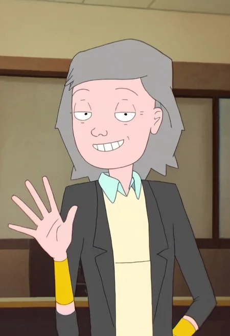 leslie_gahd, 1girl, gilf, wrinkles, short grey hair, small black eyes, yellow bracelets, brown office blazer (white collar piece, cream shirt), black pants, black ballerina, score_9_up, score_8_up, score_7_up, looking at viewer, smiling, smug, waving at viewer, female focus, ultra detailed, detailed background, office, masterpiece, best quality, 8k, Expressiveh,