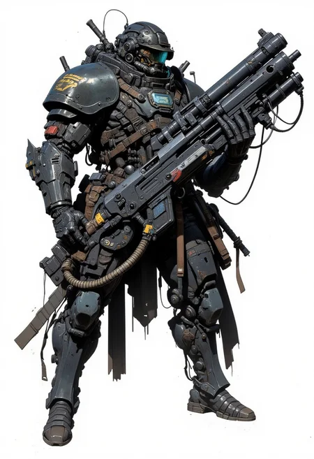 A heavily armored warrior in futuristic black power armor stands confidently, wielding a massive gatling gun with intricate details. The armor is bulky, with reinforced plating, large shoulder pads, and complex mechanical joints. The helmet has a visor and multiple metallic elements, giving the character a rugged, battle-hardened look. The gatling gun features a drum magazine, with visible wiring and mechanical components, emphasizing its powerful nature. The character exudes strength and resilience, with an imposing and intimidating stance. Focus on the character only, with no background elements.