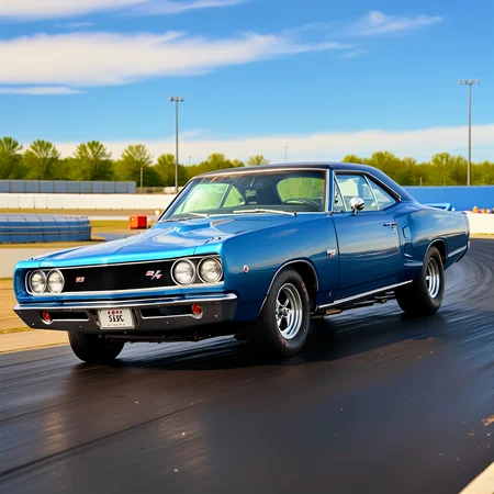 high-resolution 8k realistic photograph of a bright blue 68DodgeXL, on a dragstrip racetrack, studio lighting, rim lighting, shallow depth of field, <lora:68DodgeXL:0.85>