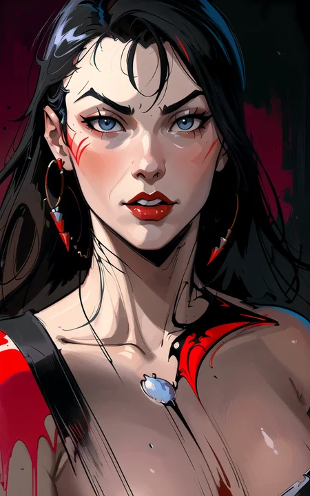 beautiful vampirella, sharp eyes, hour glass body, perfect eyes, perfect lips, perfect face, acrylic painting, (colored sketch style), art style by frank frazetta, hyper realistic, hand drawn painting, detailed thick line art, fantasy art by Greg Rutkowski, Artstation, painting with red and black color of field, High contrast, hyper realism, intricate detailed photorealistic portrait photograph, outlined, red and black background