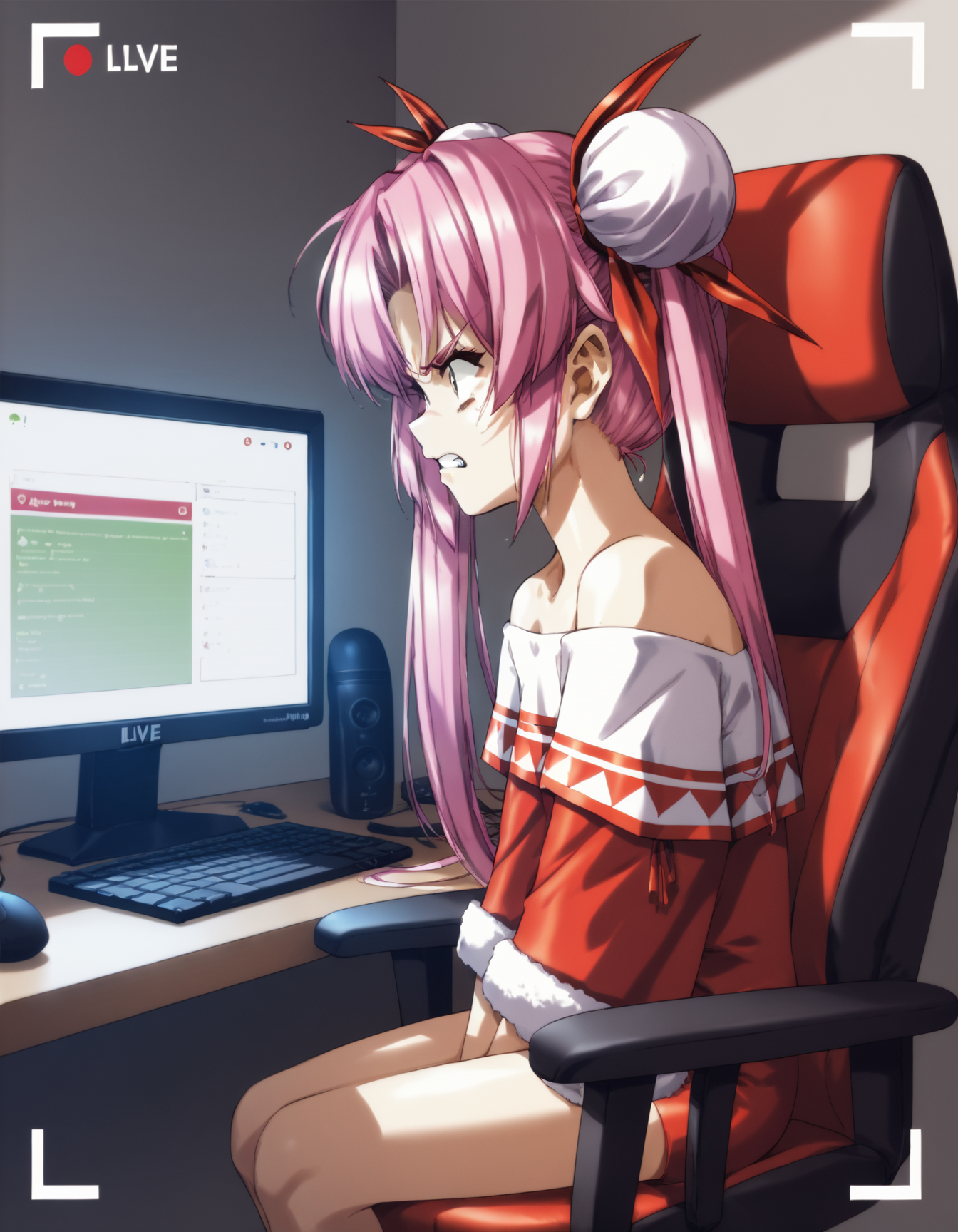 score_9,  score_8_up, score_7_up
<lora:louise-fallsmyer-ponyxl:1> fallsmyer, long hair, twintails, hair ribbon, double bun, bun cover, short dress, (red dress:0.6), (fur trim:0.6), zettai ryouiki,
gamer chair, livestream, angry, looking at screen, from side, computer