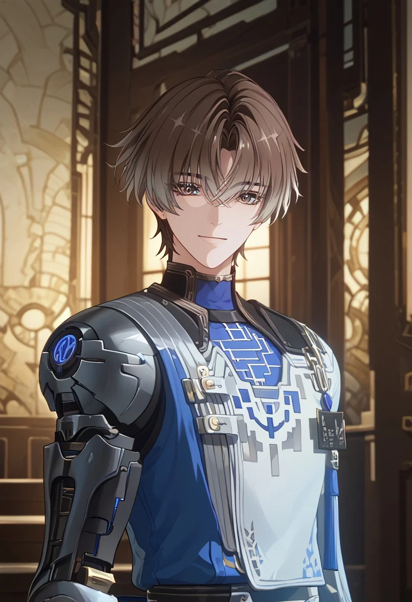 score_9, score_8_up, 1boy, solo, HD, details, high quality, rendered face, source_anime, good_hands.
((pale skin)), xiangliyao, gradient hair, brown hair, multicolored eyes, mechanical arm
Indoors, inside a high class mansion, looking at viewer, light smile