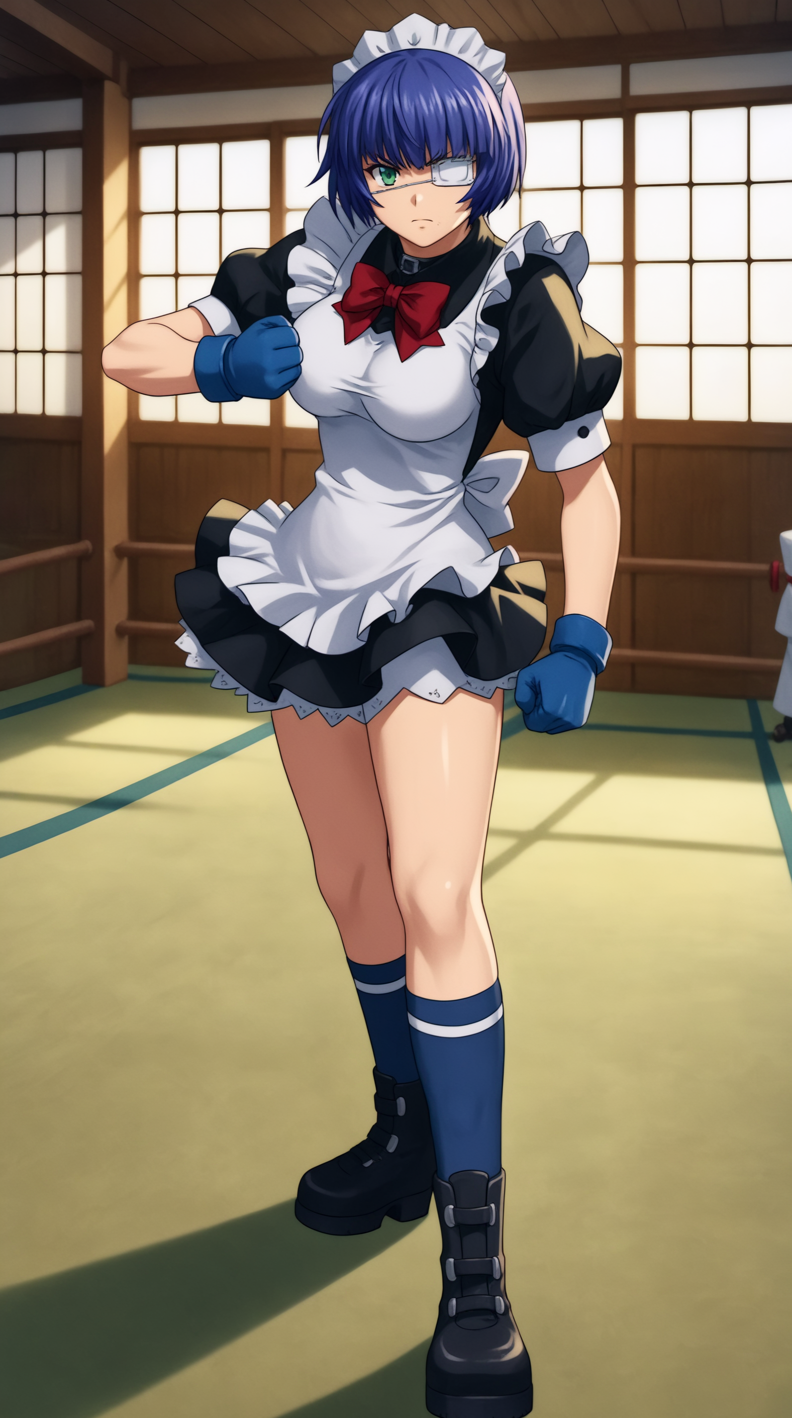 score_9, score_8_up, score_7_up, best background, detailed background, 4k, upscale, anime_source,  Ryomou Shimei, Battle Costume, solo, looking at viewer, standing, full body, clenched hand, fighting pose, dojo, indoors,  <lora:JN_Ryomou_Shimei_Pony:0.8>
