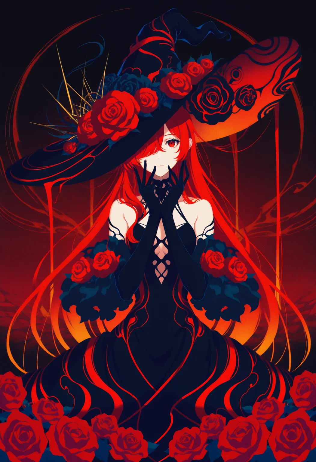 (masterpiece, gradient, recent, good_quality, high_quality, newest, very aesthetic, vibrant_background, abstract_background, colorful, surreal, anime_coloring:1, vectortrace:1, flat_colors:1)
(BV-Illu, 1girl, hat, solo, long hair, gloves, witch hat, flower, elbow gloves, red hair, hat flower, black gloves, dress, looking at viewer, black headwear, closed mouth, red flower, hair over one eye, black dress, rose, witch, bare shoulders, red eyes, bangs, upper body)