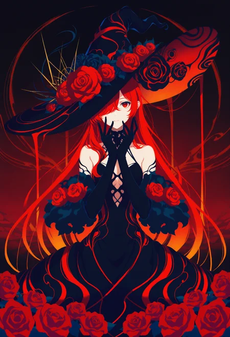 (masterpiece, gradient, recent, good_quality, high_quality, newest, very aesthetic, vibrant_background, abstract_background, colorful, surreal, anime_coloring:1, vectortrace:1, flat_colors:1)
(BV-Illu, 1girl, hat, solo, long hair, gloves, witch hat, flower, elbow gloves, red hair, hat flower, black gloves, dress, looking at viewer, black headwear, closed mouth, red flower, hair over one eye, black dress, rose, witch, bare shoulders, red eyes, bangs, upper body)