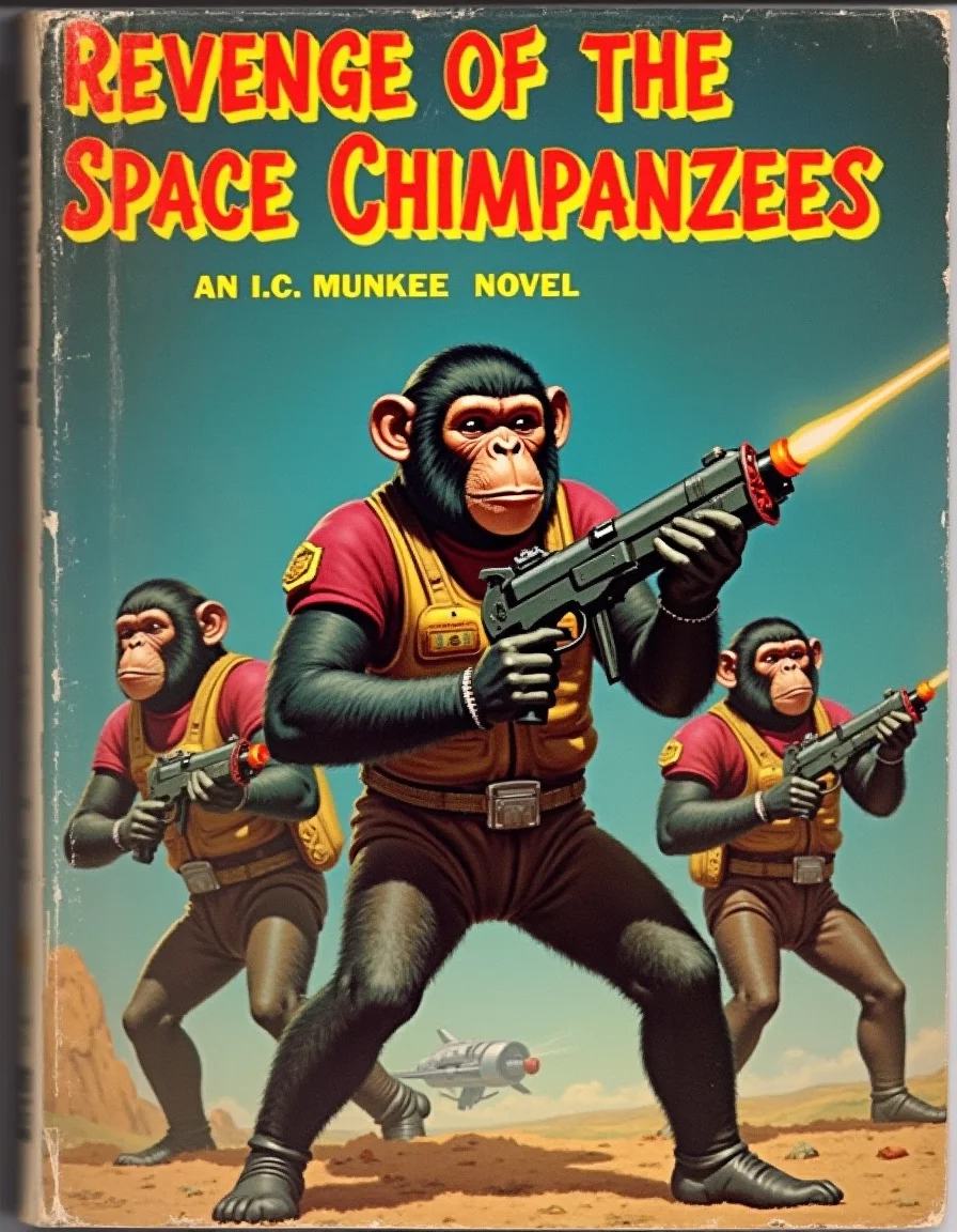 A vintage science fiction book cover titled "Revenge of the Space Chimpanzees". Scifi setting with chimps holding laser guns and wearing futuristic monkey suits. Text at bottom says "An I. C. Munkee Novel".