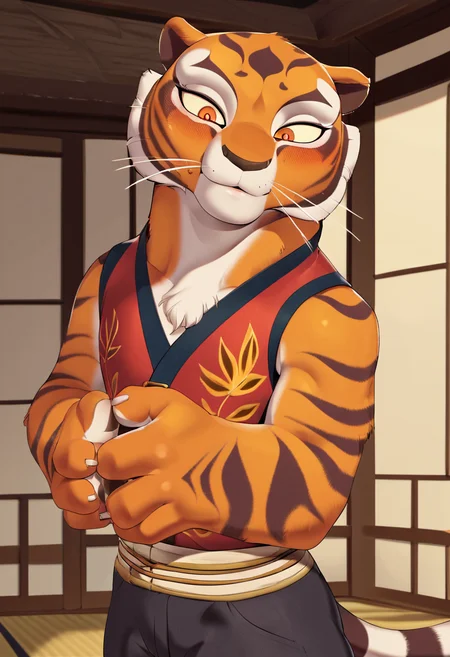 zPDXL, score_9_up, score_8_up,_7_up, score_6_up, score_5_up, score_4_up ,source_furry, best quality, amazing quality, masterpiece, 1girl, looking at viewer, solo,  blush, seductive smile, sexy pose, indoors, dojo, chinese architecture, master tigress, tiger stripes, amber eyes, tigress, tiger tail, animal ears, traditional red chinese vest, sleeveless, black silk pants, bandages, black sandals,  <lora:MasterTigress:0.8>,  cervina7, <lora:Cervina7:1>,   close, face focus, upper body