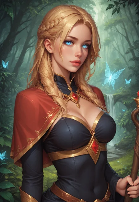 safe_pos, score_9, score_8_up, score_7_up, score_6_up, mystical sorceress, flowing emerald red robes, ethereal, blonde, front bangs, cascading golden locks, hyper-realistic, dramatic angle, soft moonlight, holding an ancient staff, slender frame, serene expression, glowing sapphire eyes, casting a spell
BREAK
wandering through an enchanted forest at twilight
BREAK
source_fantasy_art, rating_explicit, mystical, upper body, graceful movement
BREAK
highly detailed environment, towering ancient trees, glowing orbs floating, whispering winds, dew-kissed foliage, magical ambiance