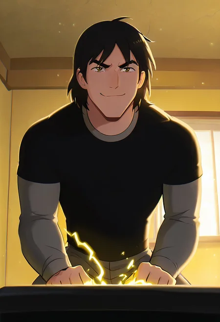 masterpiece, best quality, amazing quality, very aesthetic, absurdres, newest,
kevaf, black hair, 1boy, solo, black shirt, layered sleeves, short over long sleeves, thick eyebrows,
 angry, smile, yellow electricity, touching tv, hands on tv, eyes electricity, living room, messy living room, golden hour, yellow theme, window, fisheye,