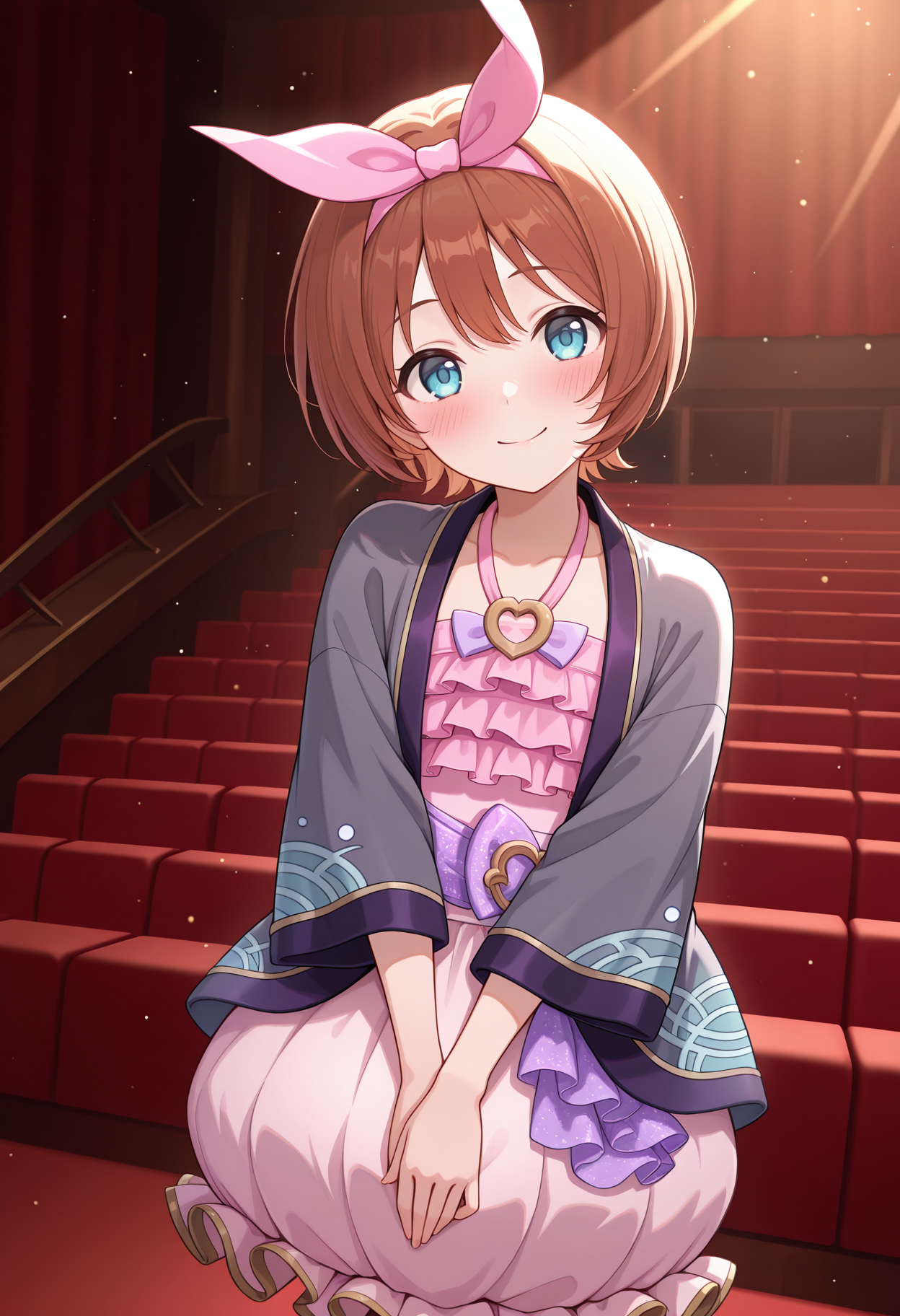 highres, best quality, masterpiece, theater, stage,
1girl, solo, pcrkrmi, short hair, brown hair, hairband, hair ribbon, blue eyes,
pkrmstg, pink ribbon, pink crop top, halterneck, happi, grey jacket, dress bow, purple bow, bubble skirt, frilled dress,
looking at viewer, blush, smile,
standing, v arms, head tilt, light particles, 
<lora:_kurumi_pcr-elesico-ilxl:1>