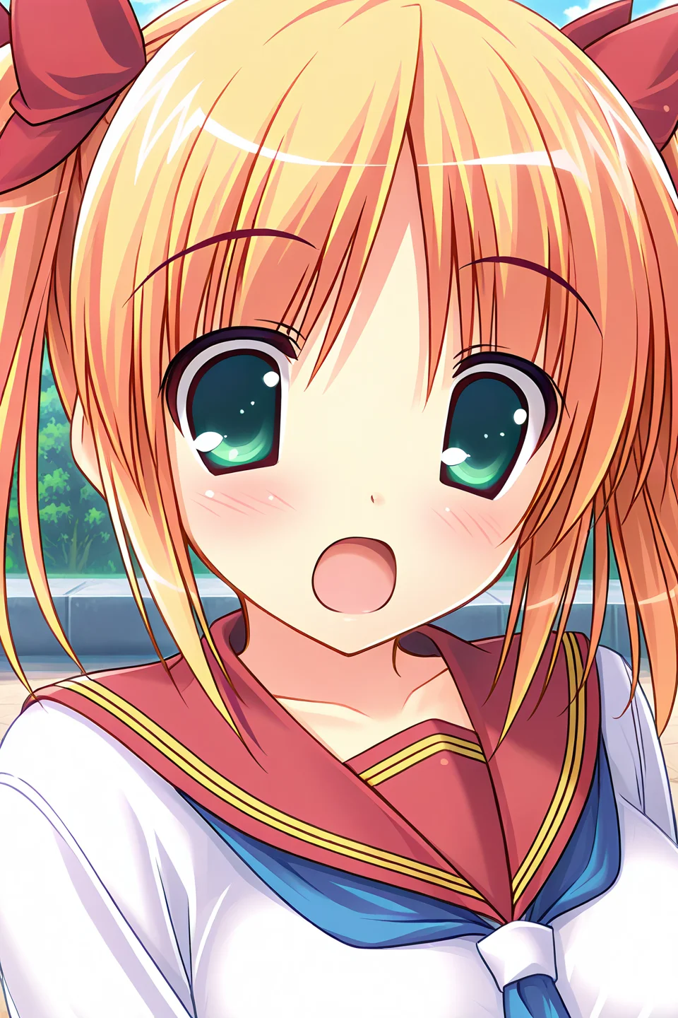 masterpiece, best quality, absurdres, official art, official style, rating general BREAK <lora:sakuraimomoka_IL_v1-1:0.7>, sakurai momoka, 1girl, solo, green eyes, blonde hair, short hair, short twintails, large breasts, hair bow, red bow, school uniform, serafuku, red sailor collar, blue necktie, white shirt, long sleeves, portrait, close-up, outdoors,
blush, :o, looking at viewer, open mouth, surprised