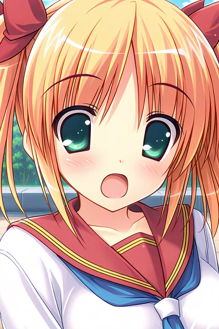 masterpiece, best quality, absurdres, official art, official style, rating general BREAK <lora:sakuraimomoka_IL_v1-1:0.7>, sakurai momoka, 1girl, solo, green eyes, blonde hair, short hair, short twintails, large breasts, hair bow, red bow, school uniform, serafuku, red sailor collar, blue necktie, white shirt, long sleeves, portrait, close-up, outdoors,
blush, :o, looking at viewer, open mouth, surprised