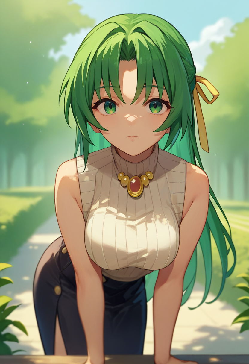 score_9, score_8_up, score_7_up, source_anime,   <lora:ShionCame-000006:1> sonozaki shion, green hair, long hair, green eyes, yellow ribbon, turtleneck sweater, black skirt, yellow necklace, outdoors, bent over, looking at viewer,