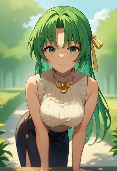 score_9, score_8_up, score_7_up, source_anime, <lora:ShionCame-000006:1> sonozaki shion, green hair, long hair, green eyes, yellow ribbon, turtleneck sweater, black skirt, yellow necklace, outdoors, bent over, looking at viewer,