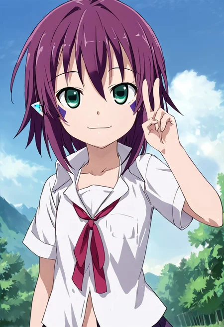 score_9, score_8_up, score_7_up, anime_source, source_anime, best background, detailed background, anime screencap, (best quality, ultra detailed), good eyes, perfect eyes, detailed eyes, detailed face, 
BREAK
merry_nightmare, 1girl, solo, green eyes, purple hair, short hair, flat chest, pointy ears, facial mark, smile, looking at viewer, (v gesture),
BREAK
school_uniform, (white_shirt), collared_shirt, pleated_skirt, bare legs, upper body,
BREAK
standing, outdoor, open field, green area, mountains on the horizon, clouds, sky.