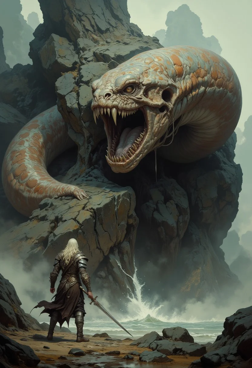 8k high quality digital painting , masterpiece, very detailed, ultra realistic, (best quality) very detailed epic masterpiece, unearthly beautiful, Rembrandt realistic oil painting, retro artstyle, score_9, score_8_up, score_9_up, very detailed, ultra realistic, (best quality) full body, ide view, we see a very muscular fantasy warrior with a big sword standing in front of a large boulder, on the rock lies a gigantic worm that turns its head threateningly towards the warrior, the worm's head consists only of a rosette-like opening that is covered with countless pointed teeth, the body of the worm shimmers in the light, bizarre rocks in the background, foggy, misty, full body, fog, realistic, realism, photo realistic, photo realistic, full body, realistic, realism, , scary, realistic very dramatic lighting, much shadow, rembrandt style, vermeer style, realistic realistic, realism, photo realistic oil painting, photo realistic painting