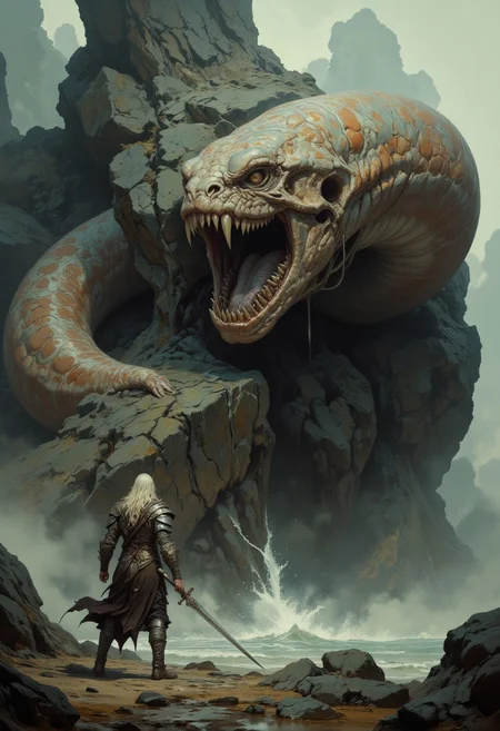 8k high quality digital painting , masterpiece, very detailed, ultra realistic, (best quality) very detailed epic masterpiece, unearthly beautiful, Rembrandt realistic oil painting, retro artstyle, score_9, score_8_up, score_9_up, very detailed, ultra realistic, (best quality) full body, ide view, we see a very muscular fantasy warrior with a big sword standing in front of a large boulder, on the rock lies a gigantic worm that turns its head threateningly towards the warrior, the worm's head consists only of a rosette-like opening that is covered with countless pointed teeth, the body of the worm shimmers in the light, bizarre rocks in the background, foggy, misty, full body, fog, realistic, realism, photo realistic, photo realistic, full body, realistic, realism, , scary, realistic very dramatic lighting, much shadow, rembrandt style, vermeer style, realistic realistic, realism, photo realistic oil painting, photo realistic painting