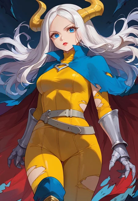 mirajsitri, blue eyes, white hair, long hair, demon horns, yellow horns, lipstick, two-tone bodysuit, clawed gauntlets, silver gauntlets, high collar, torn cape, grey belts,  waist cape,  dragon girl, blue footwear,