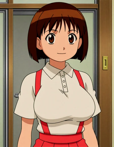 <lora:dmd2_sdxl_4step:1>,masterpiece,best quality,amazing quality,very aesthetic,high resolution,ultra-detailed,absurdres,newest,anime coloring,anime screenshot,official art,<lora:tanpopo:0.8>,brown hair,brown eyes,short hair,bob cut,suspenders,white shirt,suspender skirt,red skirt,short sleeves,pleated skirt,collared shirt,
upper_body,milf,large breasts,