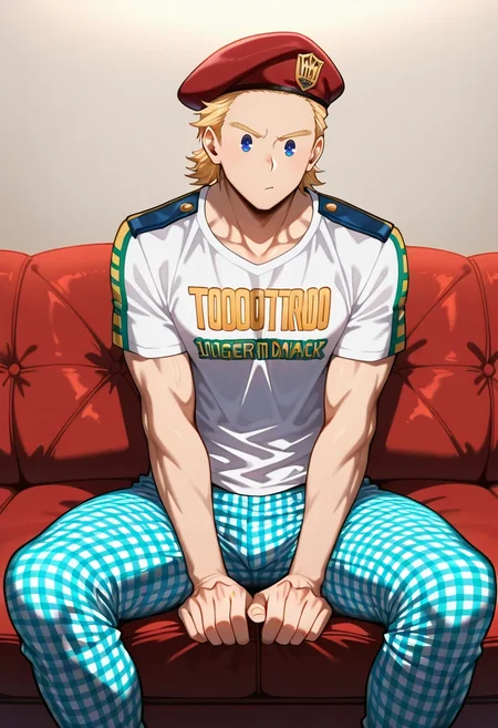 masterpiece, best quality, , , , 1boy, solo, male focus, <lora:mirio_toogata_ilxl:1>, mirio_toogata, blonde hair, blue eyes, short hair, , , , Gingham Damask Performance leggings, Tangerine Striped Tulle Graphic T-shirt, , Military beret,