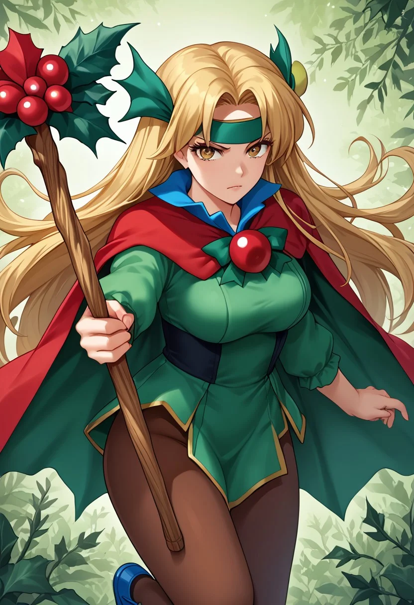 score_9,score_8_up,score_7_up,source_anime,5_figner,2d_animation,game cg,BREAK,1girl,solo,mature female,Holly Fairy,blue footwear.staff,blond hair,plant,vines,brown pantyhose,red cape,long hair,green fairy,green headband,wing,flying,
medium breast,upper body,serious,looking at viewer,front view,
indoor,Vampire Palace,
masterpiece,best qualit,ultra-detailed,illustration,an extremely delicate and beautiful,beautiful detailed eyes,unity 8k wallpaper,high resolution,anime CG,official_art,