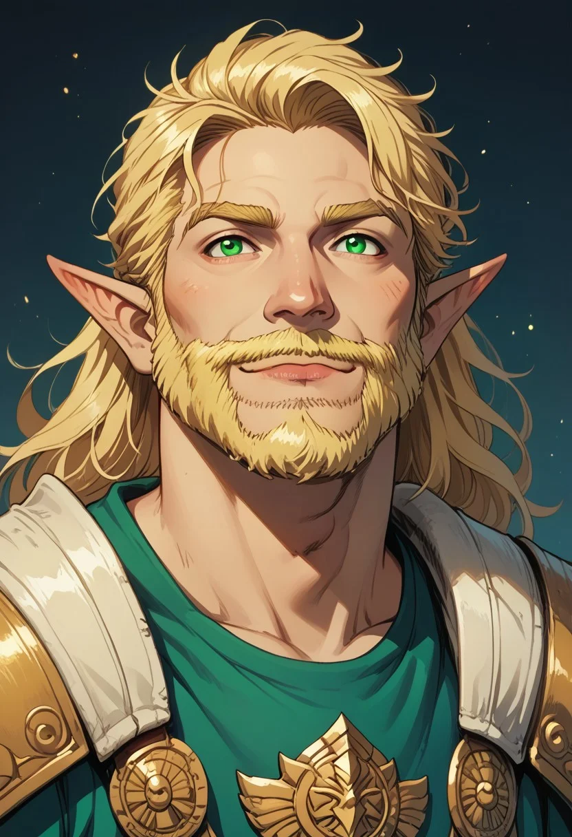 score_9, score_8_up, score_7_up, 1 character, solo, solo focus, full body, BREAK, (((1 boy, manly, gigachad, elf, elf boy, beard, long beard, massive beard, green eyes, blonde hair, blonde, messy hair, rugged, armor, mature, white toga, toga, fantasy toga, happy, smile, closed mouth, ))