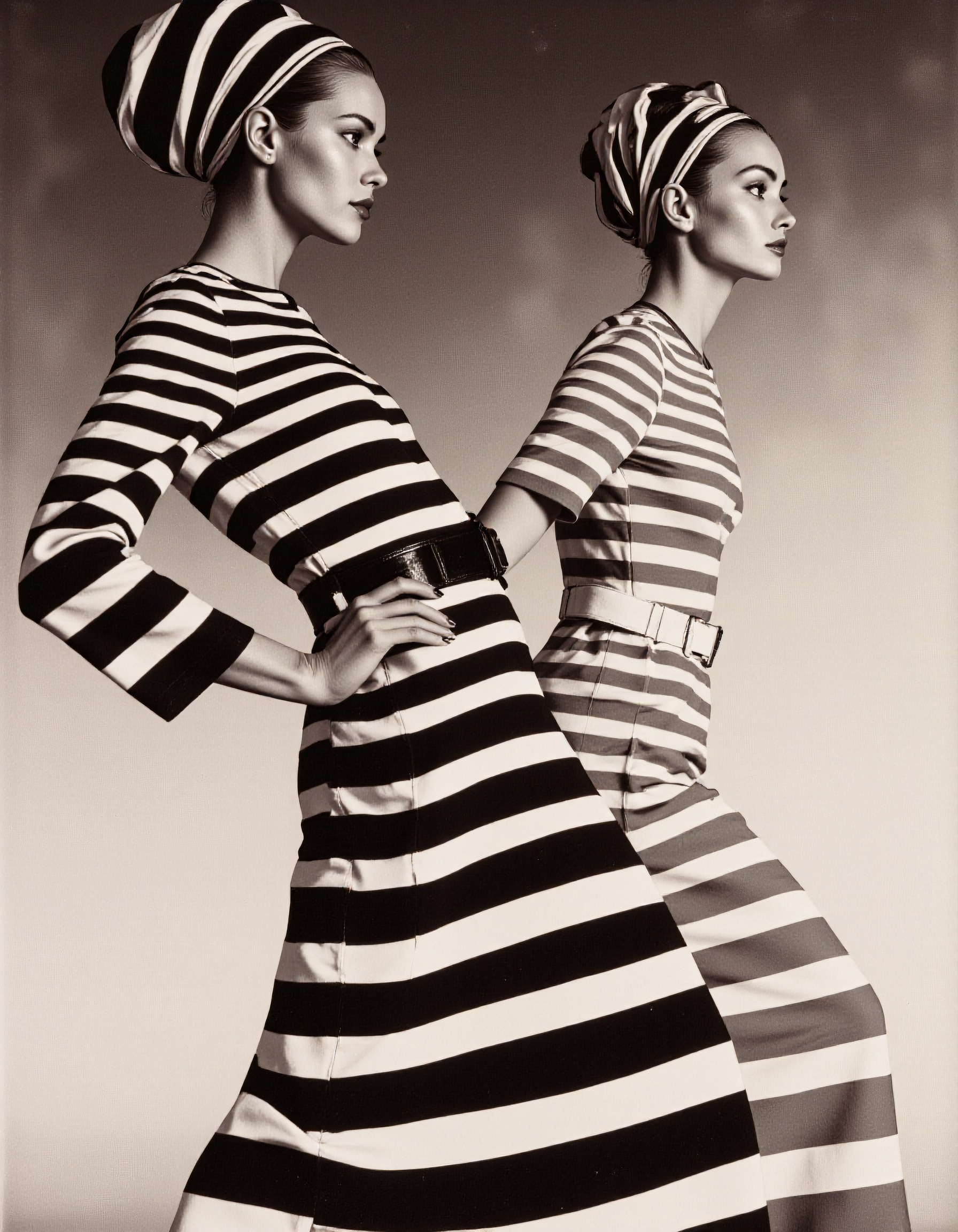A highly detailed and artistic image but in vibrant colors. The image features two fashion models standing back to back, both wearing matching striped outfits. The outfits consist of long-sleeved, high-necked dresses with bold horizontal black and white stripes, cinched at the waist with wide black belts. The models also wear matching striped headbands that complement their dresses. One model is facing the camera with a confident expression, while the other is looking away, showing her profile. The background is simple and uncluttered, allowing the focus to remain on the models and their outfits. The overall mood is stylish and retro, capturing the essence of 1960s high fashion with vivid, eye-catching colors, 1960s, fashion shoot, extravagant, colorful outfit, beautiful model <lora:FLUX.1-DEV_-_Wild_1960s_Fashions_LoRA:0.8>, aidmaMJ6.1 <lora:aidmaMJ6.1v0.4:0.6>,  <lora:Luminous_Shadowscape:0.6>