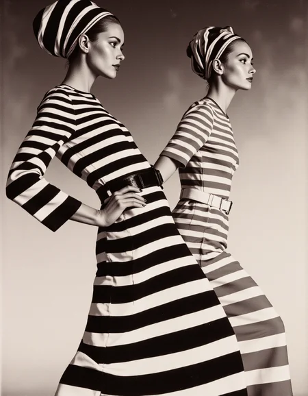 A highly detailed and artistic image but in vibrant colors. The image features two fashion models standing back to back, both wearing matching striped outfits. The outfits consist of long-sleeved, high-necked dresses with bold horizontal black and white stripes, cinched at the waist with wide black belts. The models also wear matching striped headbands that complement their dresses. One model is facing the camera with a confident expression, while the other is looking away, showing her profile. The background is simple and uncluttered, allowing the focus to remain on the models and their outfits. The overall mood is stylish and retro, capturing the essence of 1960s high fashion with vivid, eye-catching colors, 1960s, fashion shoot, extravagant, colorful outfit, beautiful model <lora:FLUX.1-DEV_-_Wild_1960s_Fashions_LoRA:0.8>, aidmaMJ6.1 <lora:aidmaMJ6.1v0.4:0.6>,  <lora:Luminous_Shadowscape:0.6>