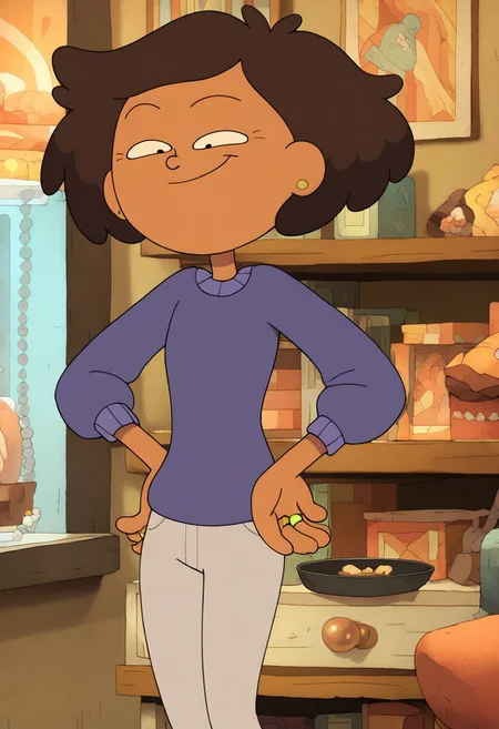 score_9, score_8_up, score_7_up, 1girl, mrs boonchuy, solo, brown hair, short hair, sweater, ring, pants, hands on hip, smiling, living room