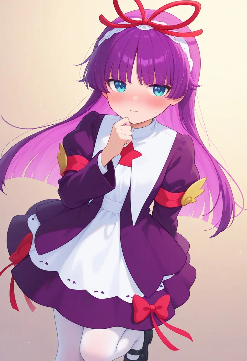 <lora:PFeli_SDXL_Illustrious01_fp16_ver01:1>,PFeli, 1girl, long hair,purple hair, white pantyhose, dress,red ribbon, blue eyes, black footwear, long sleeves, red bow, hairband, shy, blush, lovely, cute, adorable, newest, masterpiece, best quality, very aesthetic, absurdres,<lora:detailed_hands:1>,hand