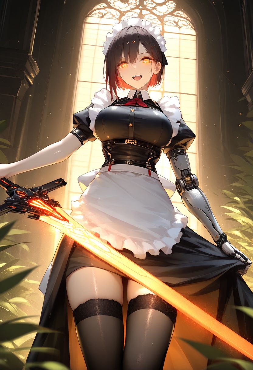 masterpiece, best quality, amazing quality, very aesthetic, absurdres,<lora:RLI(noobai)0.1v:1>, lens flare, light particles, cinematic, extremely exquisite female facial description, year 2023,blurry foreground, ray tracing, cinematic lighting, 1girl, solo, looking at viewer, smile, open mouth, short hair, brown hair, black hair, dress, thighhighs, holding, weapon, red hair, teeth, black thighhighs, sword, holding weapon, black dress, apron, orange eyes, maid, maid headdress, glowing, holding sword, from below, glowing eyes, maid apron, mechanical arms, cyborg, single mechanical arm, glowing weapon, glowing sword, blurry foreground, leaves,